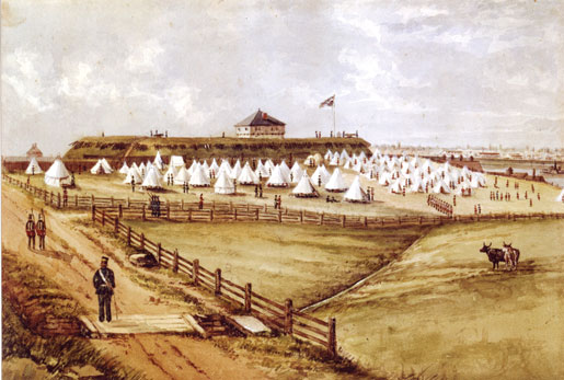 Military encampment, Fort Wellington, Prescott, circa 1870. [ILLUSTRATION: LIBRARY AND ARCHIVES CANADA—C-O40161]