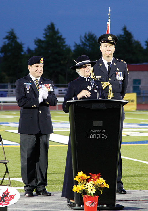 Lieutenant-Governor Judith Guichon at the microphone during the opening ceremony. [PHOTO: ADAM DAY]