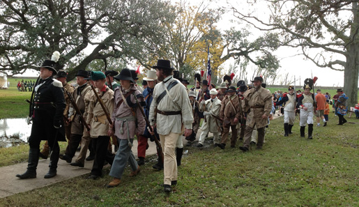 American troops (re-enactors) on the march at Jean Lafitte National Historic Park-Chalmette Battlefield. [PHOTO: NATIONAL PARK SERVICE]