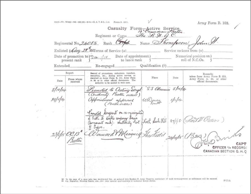 The Casualty Form Active Service record for Sgt. John Henry Thomson notes his promotion and that he was reported as missing in action. []