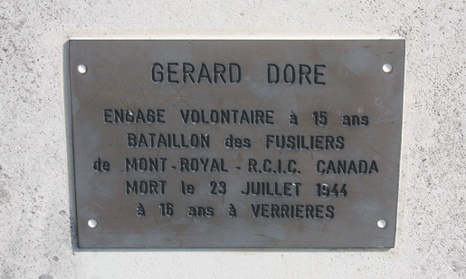 The memorial (top) with plaque (above) for Private Gérard Doré, killed in action at age 16. [PHOTO: SHARON ADAMS, LEGION MAGAZINE]