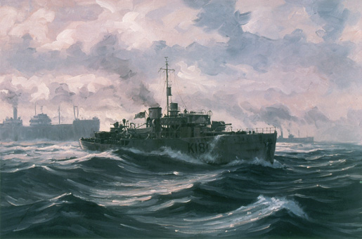 A painting by John M. Horton depicts HMCS Sackville on North Atlantic convoy duty. [ILLUSTRATION: JOHN M. HORTON, BEAVERBROOK COLLECTION OF WAR ART/CANADIAN WAR MUSEUM—19840654-001]