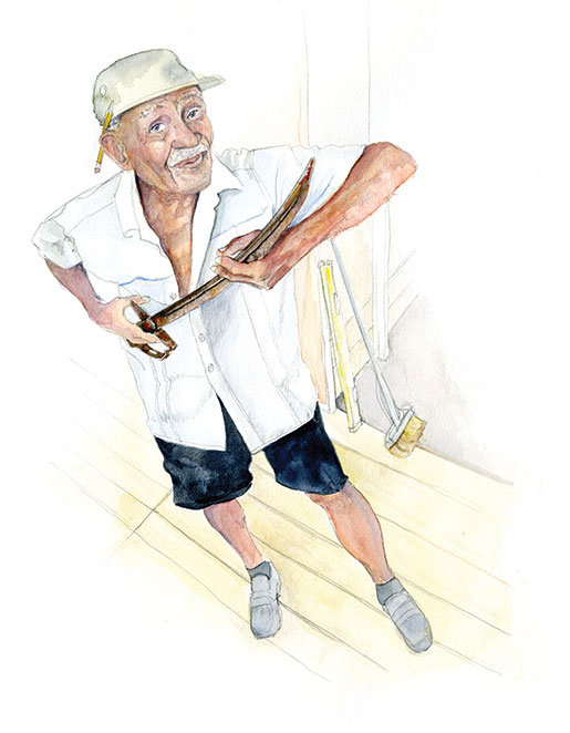 Second World War veteran Leon Watts points out the groove designed to let the blood run down the blade if you stab your enemy. [ILLUSTRATION: JENNIFER MORSE]
