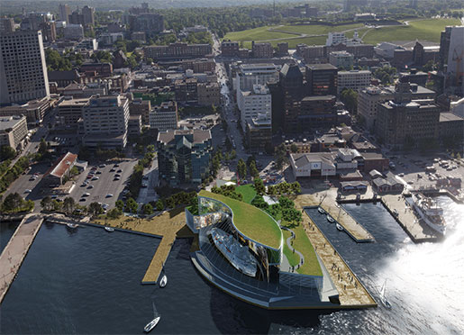 A computer-generated  image shows where  Battle of the Atlantic  Place (shown at right  with the green roof) will be built along Halifax’s waterfront. [ILLUSTRATION: BATTLE OF THE ATLANTIC PLACE]