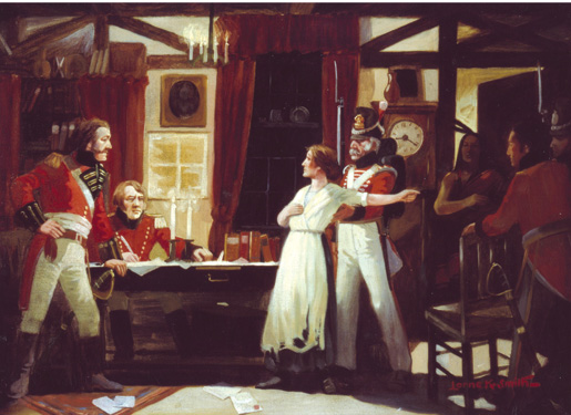 Meeting between Laura Secord and Lieut. Fitzgibbon. [ILLUSTRATION: LIBRARY AND ARCHIVES CANADA—C011053]