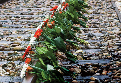 Flowers are placed along the torn up tracks at the Westerbork transit camp. [PHOTO: TOM MacGREGOR, LEGION MAGAZINE ARCHIVES]