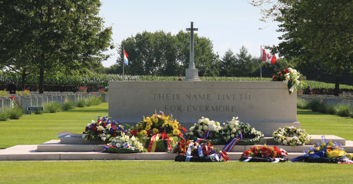 Wreaths remain following a service at the cemetery’s Stone of Remembrance. [PHOTO: SHARON ADAMS, LEGION MAGAZINE ARCHIVES]