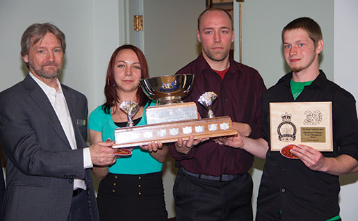 The winning team from Quebec is (from left) Ernie Michaud, Staci Proulx, Daniel Michaud and Zaccherie Michaud. [PHOTO: TOM MacGREGOR]