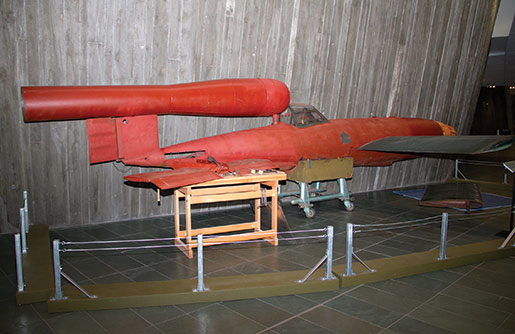 A V-1 flying bomb collected by Farley Mowat’s team sits on display at the Canadian War Museum. [PHOTO: TOM MacGREGOR]