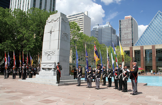 Remembrance ceremony unfolds in front of the cenotaph at Edmonton city hall. [PHOTO: LEGION MAGAZINE]