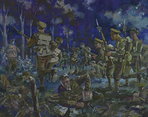 A painting by Gordon Wilson depicts the Canadian night attack on Kitcheners Wood. [WATERCOLOUR: GORDON WILSON]