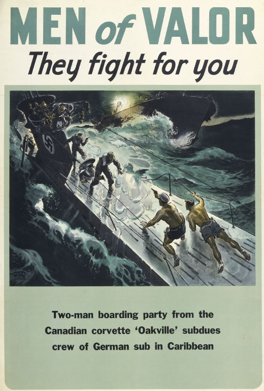 A propaganda poster depicts gunnery officer Hal Lawrence and Petty Officer Art Powell during the perilous boarding of U-94 in the Caribbean, August 1942. [ILLUSTRATION: REGINALD ROGERS, CANADIAN WAR MUSEUM—19750317-102]