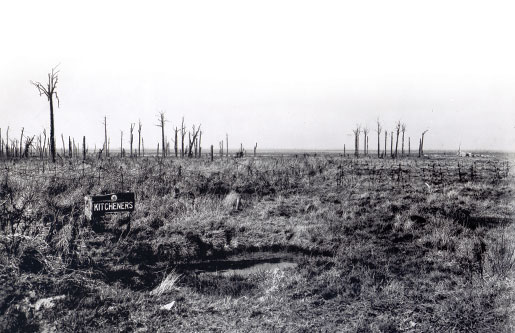 A sign marks the location of Kitcheners Wood, site of the April 1915 battle. [PHOTO: DEPARTMENT OF NATIONAL DEFENCE, LIBRARY AND ARCHIVES CANADA—PA004564]