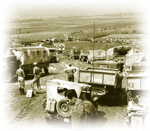 Canadian Army supply vehicles, near Cassino, Italy, 1944. [PHOTO: LIBRARY AND ARCHIVES CANADA—PA151180]