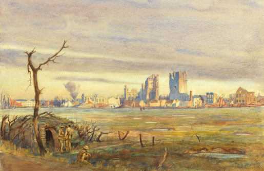 The watercolour “First Glimpse of Ypres” depicts the ruins of the Cloth Hall in Ypres, Belgium, which Canadian troops defended in April 1915. The crude shelter in the foreground provided respite for soldiers. [Lieut. Cyril Henry Barraud/Canadian War Museum/19710261-0021]