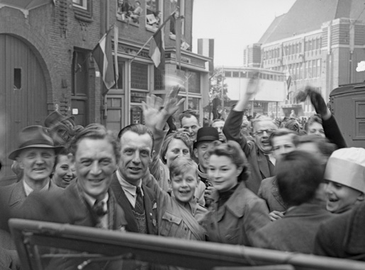 A sea of happy Dutch citizens welcomes the British 49th Division during the liberation of Utrecht, Netherlands, on May 7, 1945. This division served with the First Canadian Army at the time. [LAC/PA-171747]