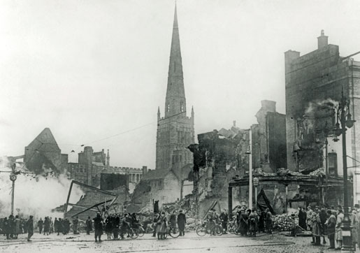 Coventry, in Britain’s West Midlands, is a smoking ruin following an air raid on Nov. 14, 1940. The attack by more than 500 Luftwaffe bombers left an estimated 568 dead. [Imperial War Museum/SG 14861]
