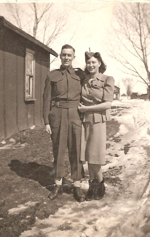 Jack and Florence Smith, with Florence wearing Jack’s cap. Lance-Corporal Smith was killed in action in France on Aug. 10, 1944, just four days before his son’s second birthday.
