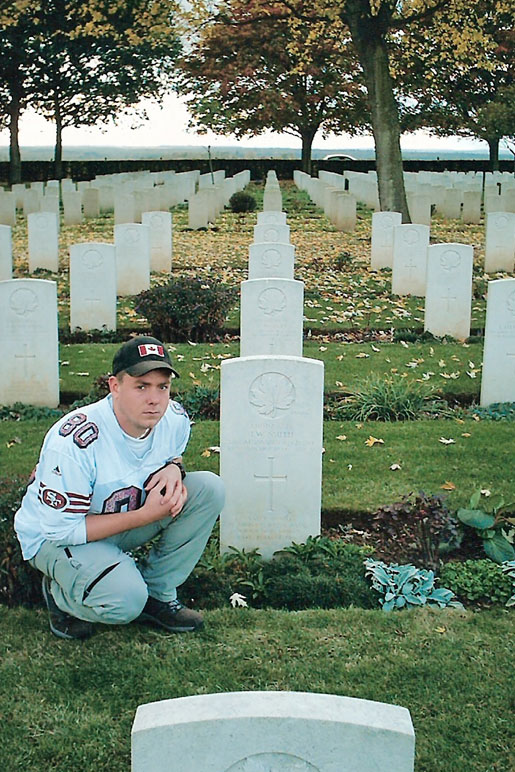 Cody Smith visited the grave of his grandfather, Lance-Corporal John (Jack) Weakford Smith, in the Canadian War Cemetery at Bretteville-sur-Laize, France, in 2003.