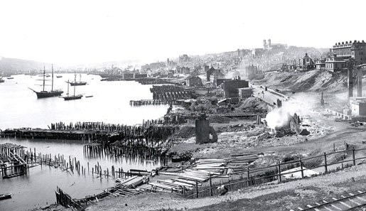 Aftermath of the 1892 fire in St. John's, looking west from the railway track. [Memorial University]