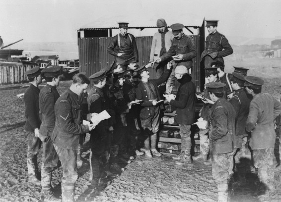 Canadians on Salisbury Plain, receiving their Christmas Cards.  1914-1919