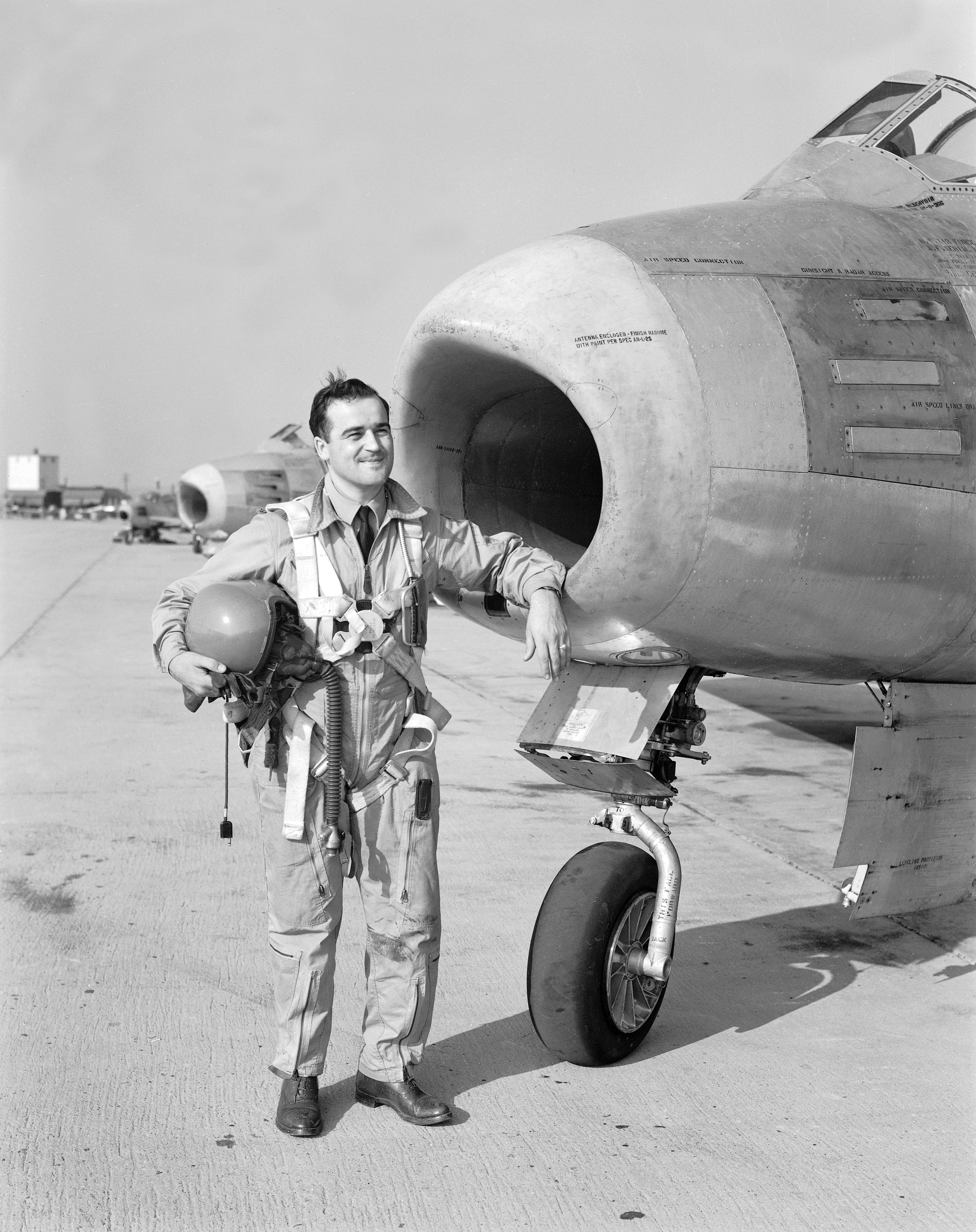 PL-51164 28/02/51 F/L Omer Levesque, Montreal, in front of F-86 at Newcastle County Airport, Delaware. Korea SIP p36
