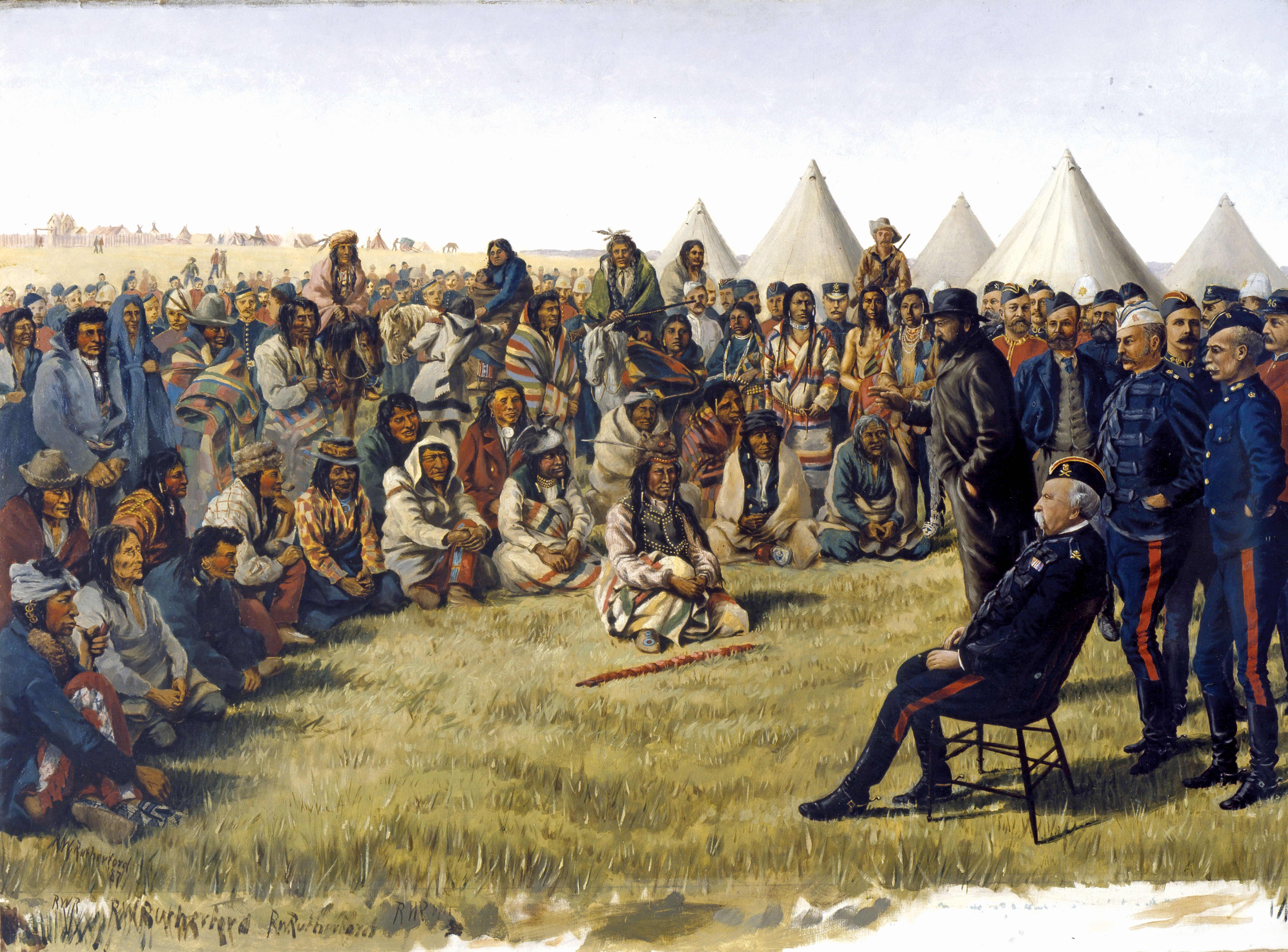 The Surrender of Poundmaker to Major-General Middleton at Battleford, Saskatchewan, on May 26, 1885 Poundmaker (Pihtokahanapiwiyin) was born around 1842 in the Battleford area. His mother was a mixed-blood Cree, sister of Chief Mistawasis. He was adopted by Chief Crowfoot, a Blackfoot, thereby creating family ties between two nations. He and his people settled on a reserve about forty miles west of Battleford soon after signing Treaty 6. In 1885, Poundmaker, with members of his band, traveled to Battleford to ask for rations. When they arrived, they found the community deserted and helped themselves to supplies. In response, Lieutenant-Colonel William Otter and 325 troops were sent to Cut Knife Creek, where Poundmaker and his followers were encamped. On May 2, 1885, the Battle of Cut Knife Hill took place. At one point, Otter's men were forced to withdraw. When Poundmaker heard of Louis Riel's defeat at Batoche, he surrendered and was imprisoned. Poundmaker was tried and convicted of treason in Regina, and sentenced to serve three years at Stony Mountain Penitentiary (Man.). He died in 1886 from poor health.