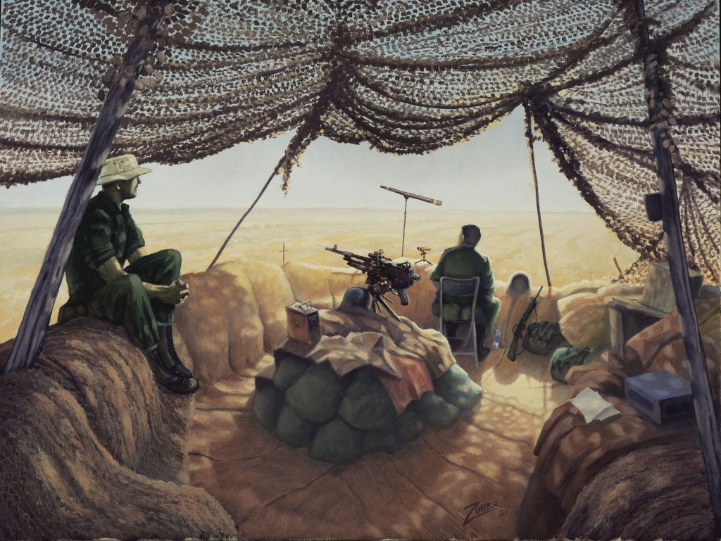 Canadian troops keep watch in Ted Zuber’s 1991 painting, “Long Day at Doha.” 