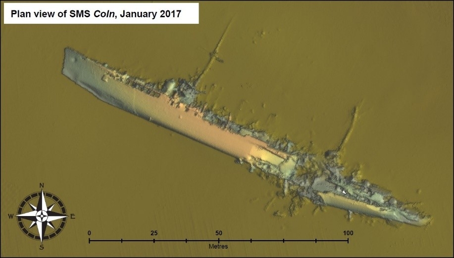 A Digital Terrain Model of the wreck of SMS Cöln, taken at Scapa Flow in January 2017.

[Innes McCartney]