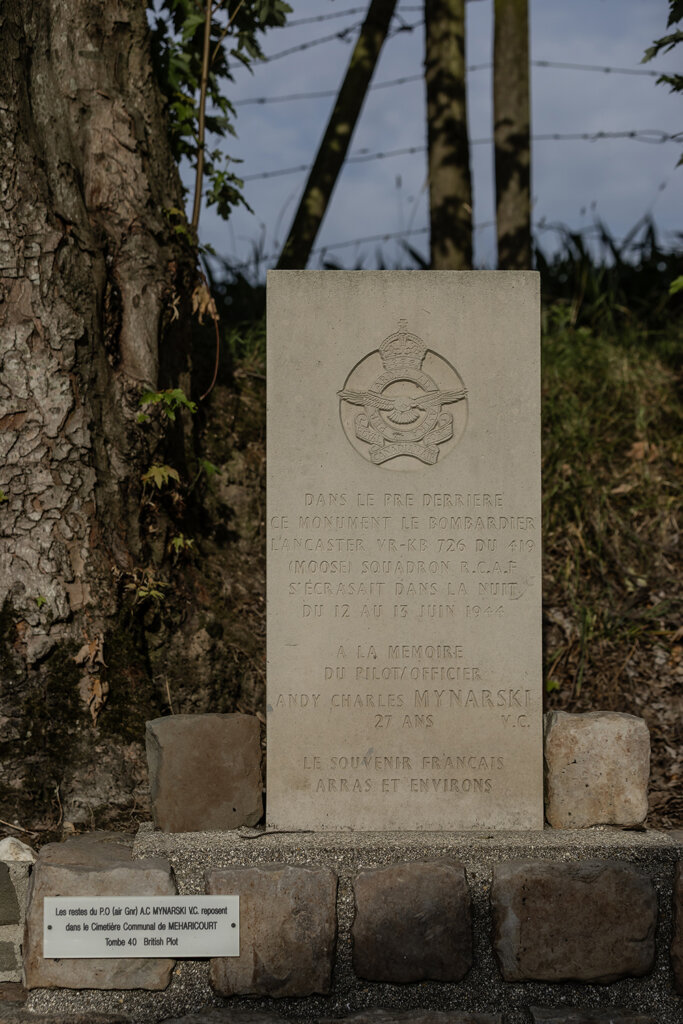 A stone marker commemorating where and when Andrew Mynarski's Lancaster went down in France