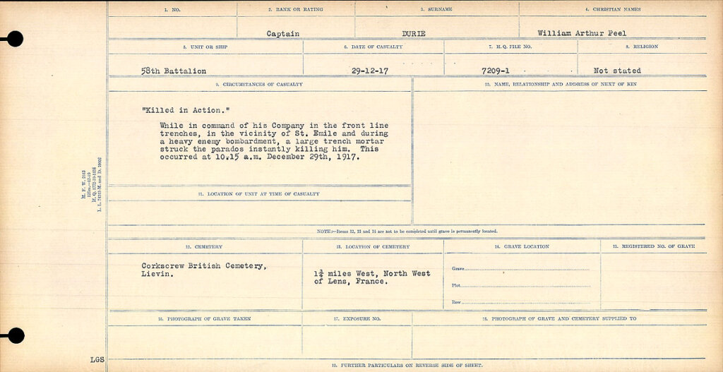 Circumstance of Death Register for Arthur Durie