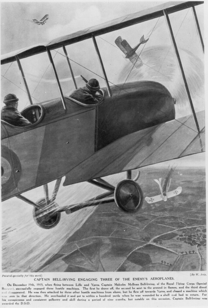 A photo of a painting of Bell-Irving in his plane engaging three of the enemy's aircraft