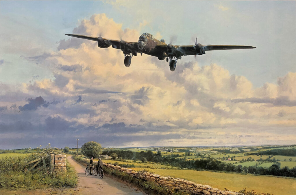 a painting of Andrew Mynarksi's Lancaster above the French countryside