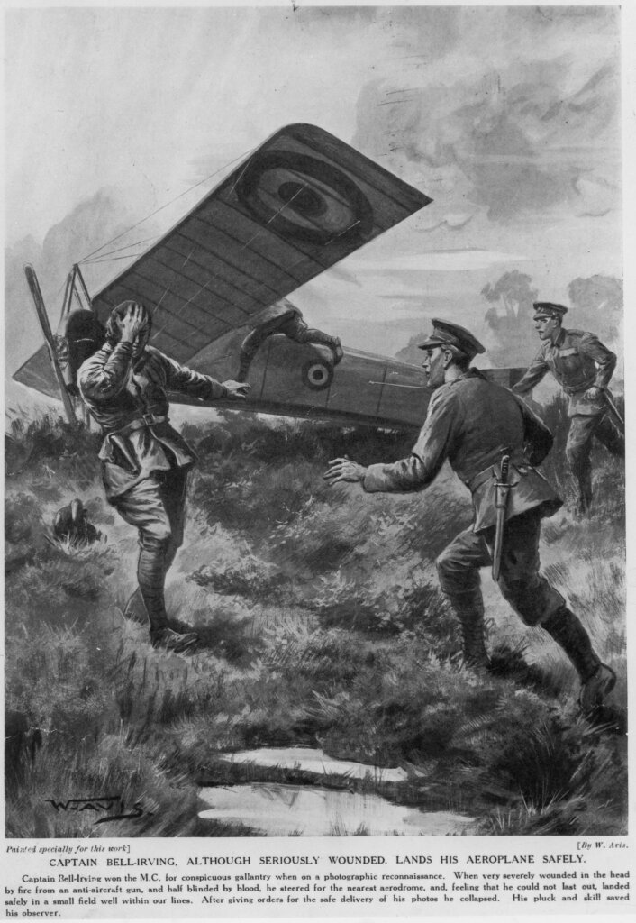 A photo of a painting depicting Bell-Irving wounded having just landed his plane safely