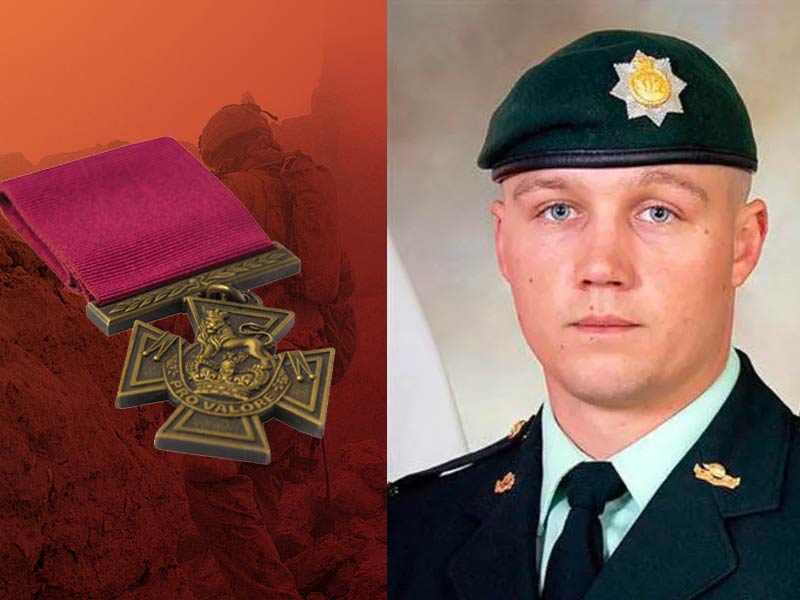 Victoria Cross Medal (left) Private Jess Randall Larochelle (right) [CORPORAL ISSA PARÉ, RIDEAU HALL © OSGG-BSGG, 2007; DND]