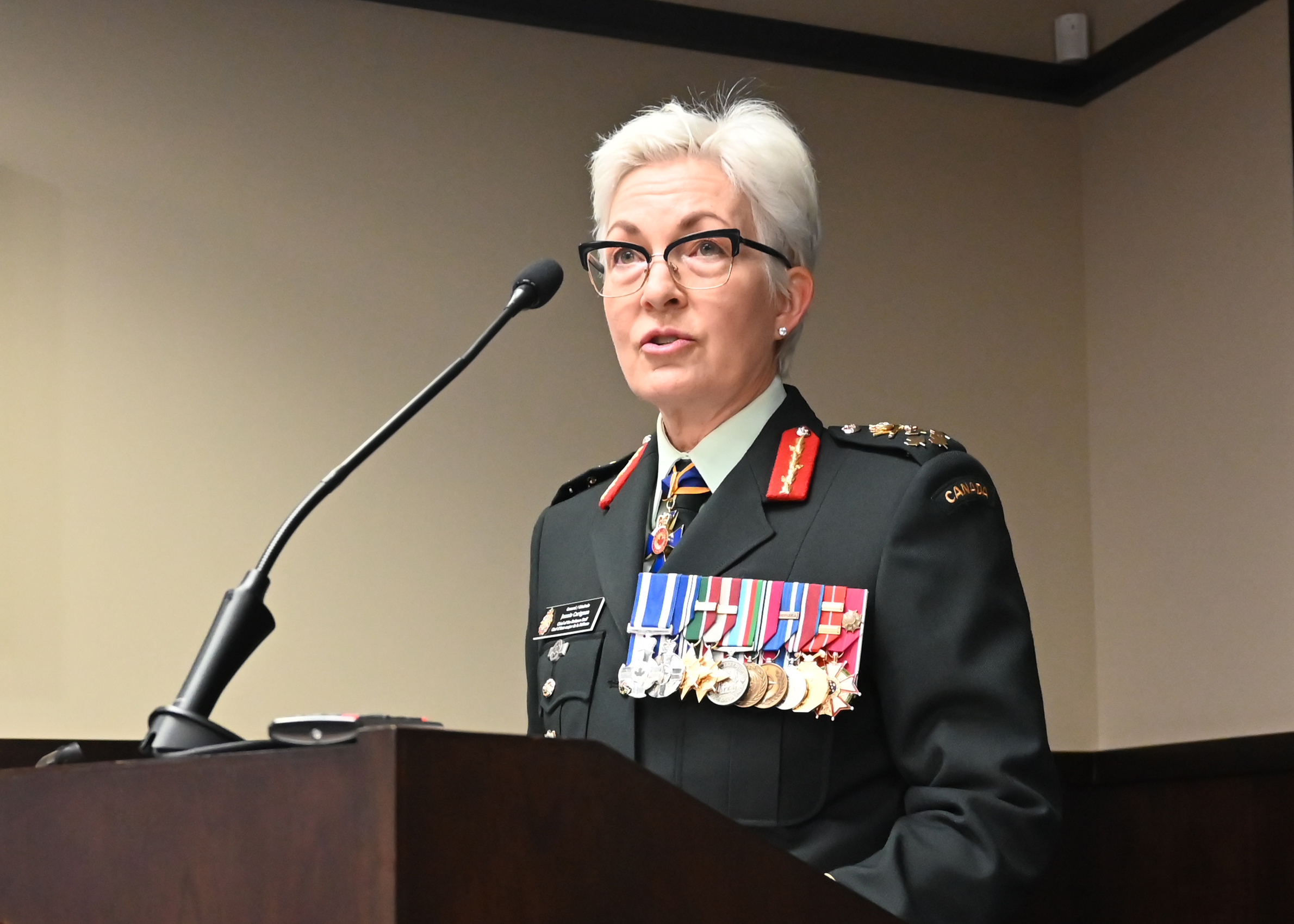 Defence Chief General Jennie Carignan addresses The Royal Canadian Legion's Dominion Executive Council in April 2025. [Aaron Kylie/LM]